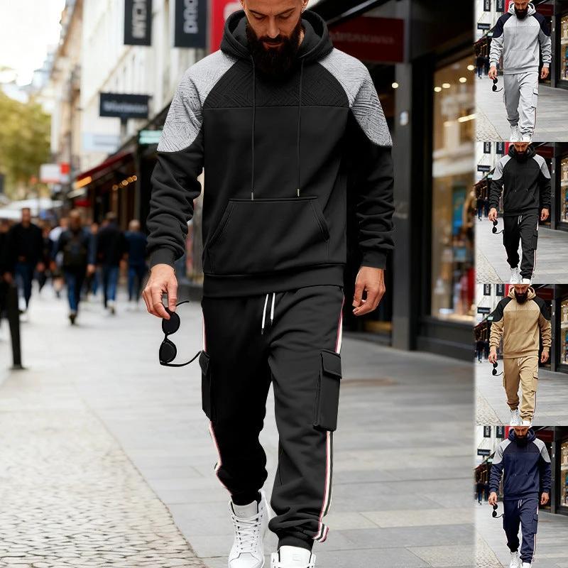 Loose Color-block Textured Hoodie And Sweatpants Casual Set