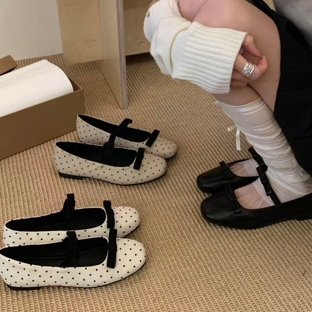 Women Vintage Polka Dot Double Bow Knot T Strap Mary Jane Flats, Soft Square Toe Non Slip Casual Daily Wear Sweet Ballet Shoes