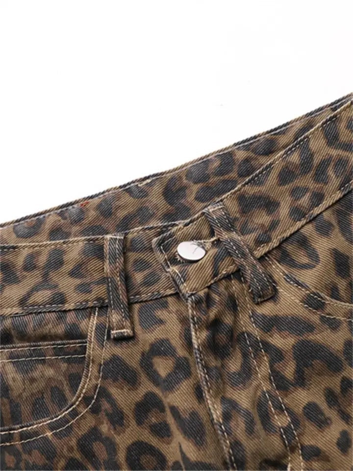 Vintage Leopard Print Jeans Straight Loose Men And Women