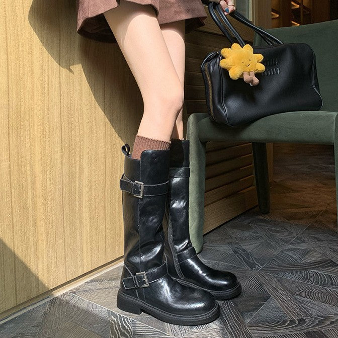 Womens Chunky-soled Equestrian Boots With Double Buckles And A Side Zipper