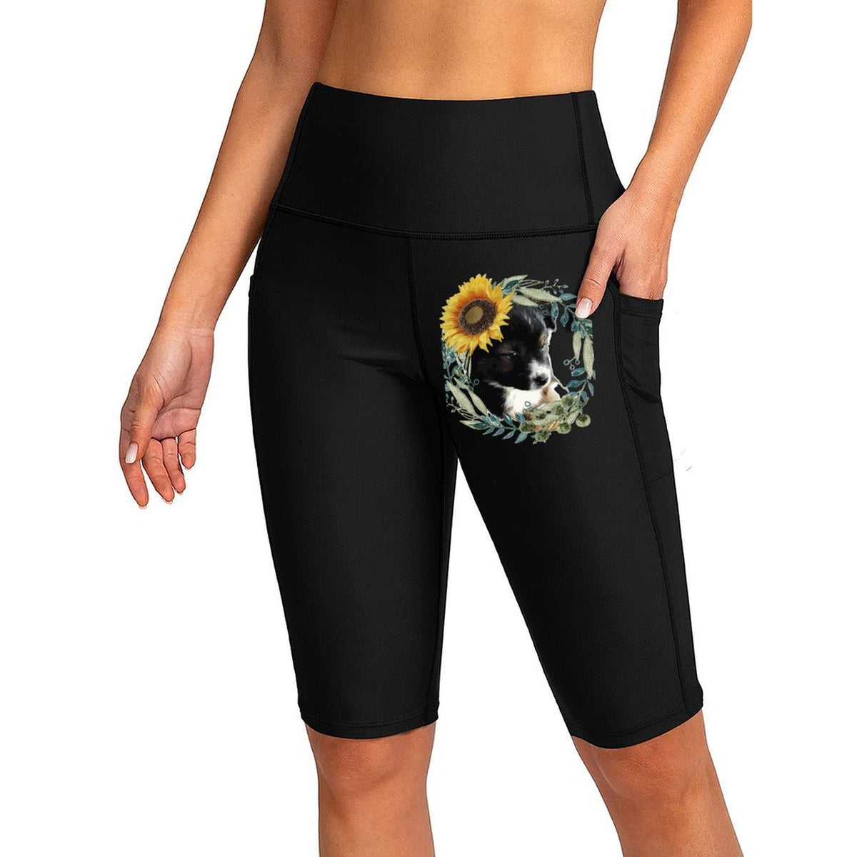Cute Black Puppy Women's Knee-Length Swim Shorts (Front Printing)
