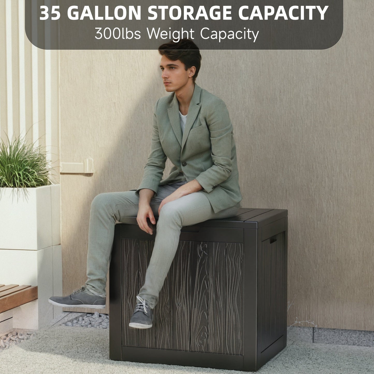 35 Gallon Outdoor Resin Storage Box – Black/Wood Grain