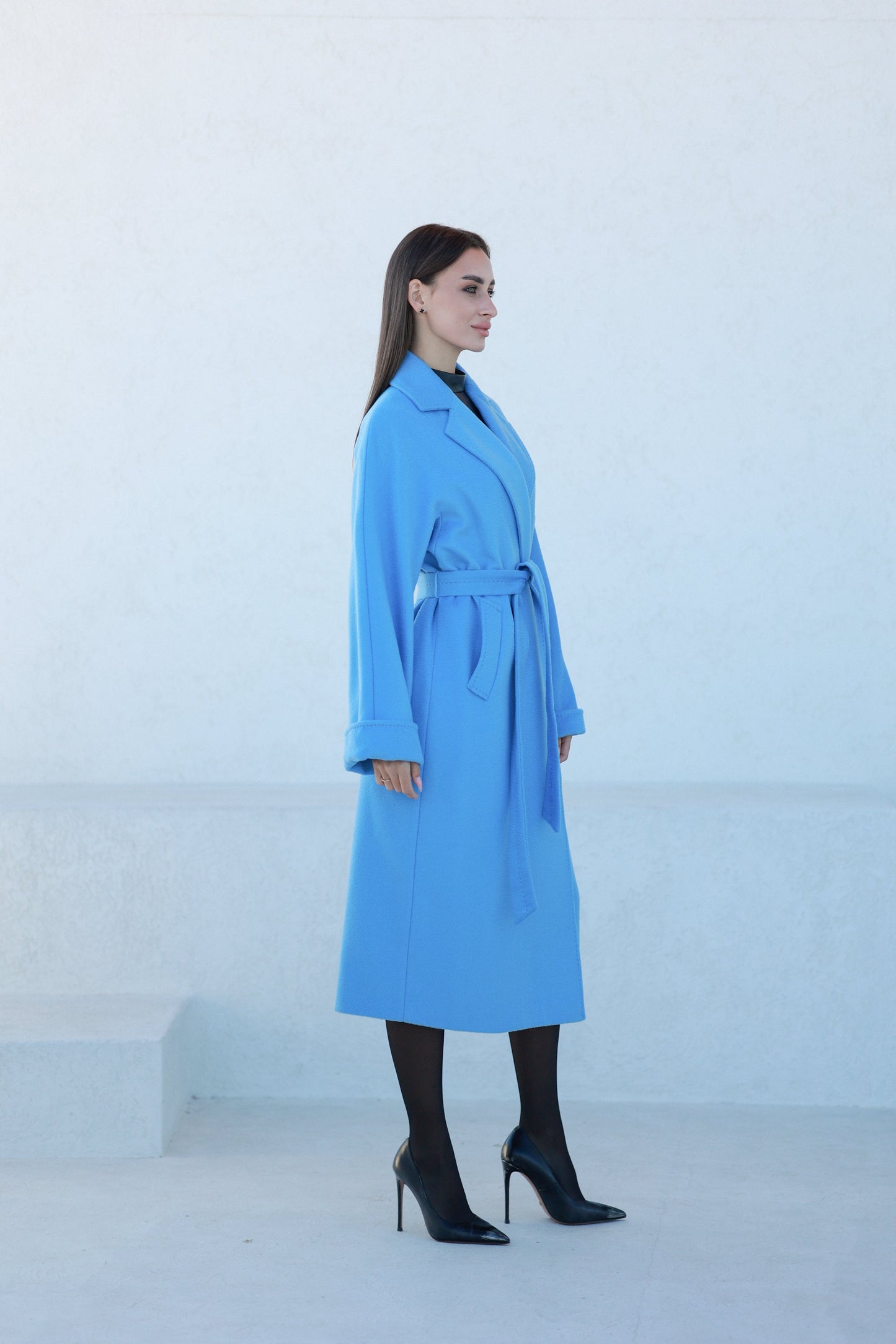 Abrigo Clásico de Mezcla de Lana y Cachemira Cepillada en Azul Celeste