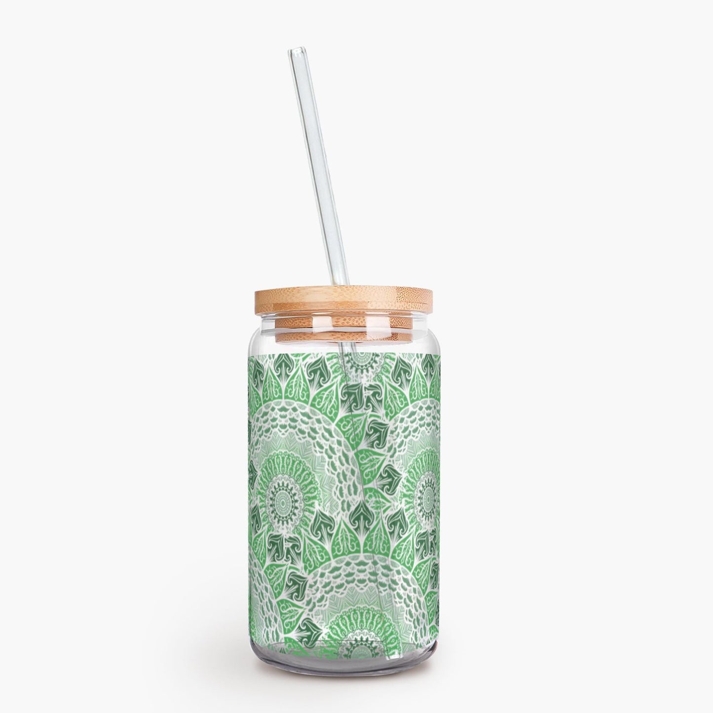 Boho Green Mandalas 16 oz Glass With Lid and Straw