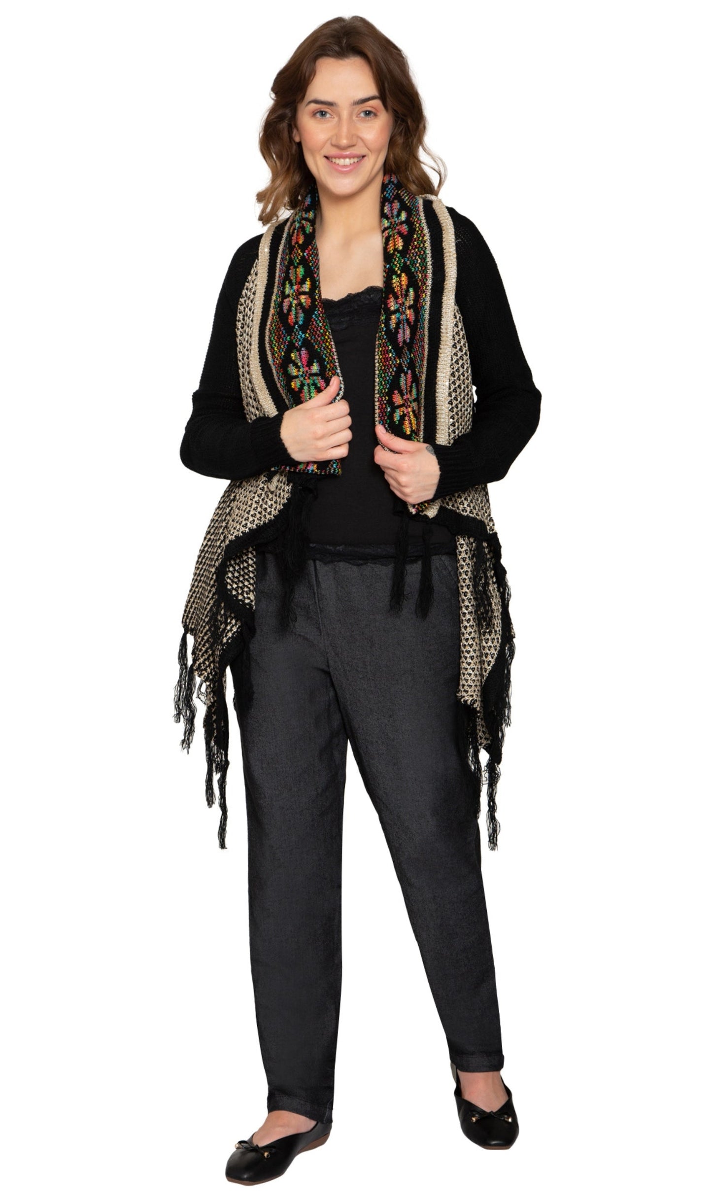 Cárdigan largo abierto de jacquard con flecos para mujer