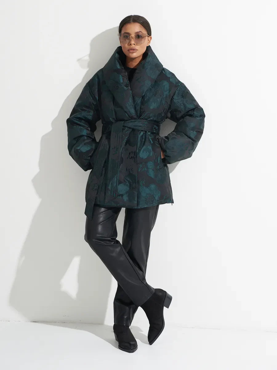 Abrigo de Plumón Jacquard Monocromático en Verde Esmeralda Vintage