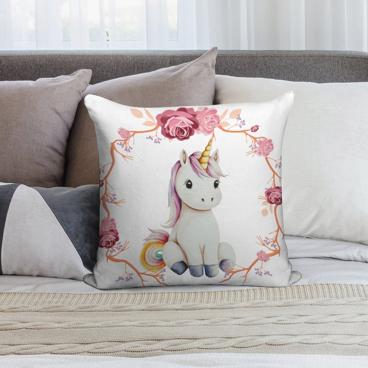 Baby Unicorn with Pink Roses 2-Piece Ultra-Soft Pillowcase Set - 18" × 18"