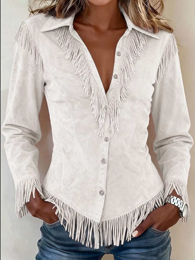 Women's Western Style Suede Fringed Slim Fit Long Sleeve Shirt