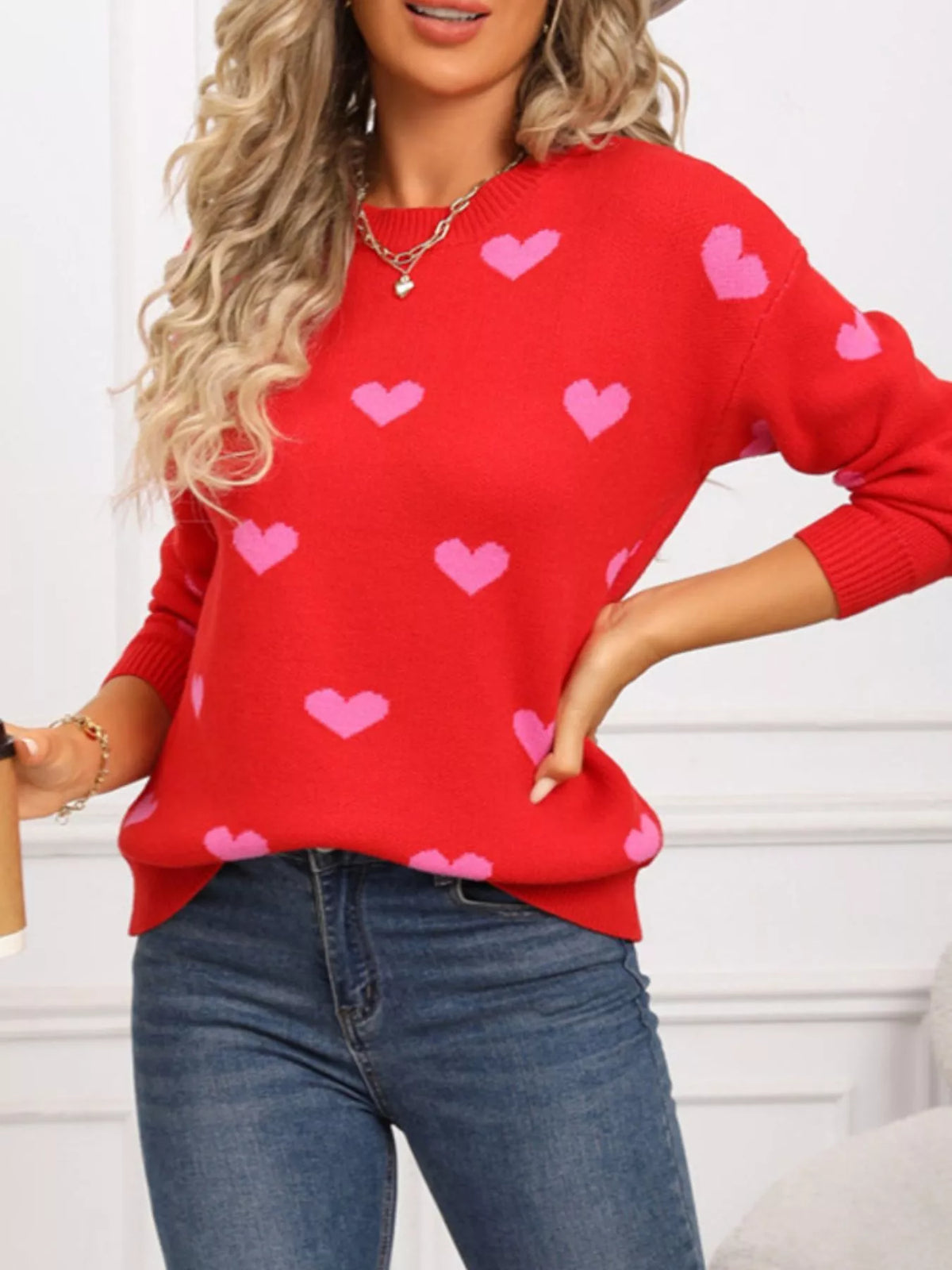 Valentine's Day Heart Pattern Dropped Shoulder Sweater