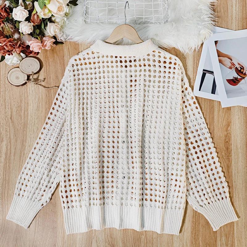 Women's Plus Size Cardigan Lightweight Hollow Out V-Neck Button Down Long Sleeve Knit Coat, 0XL-4XL