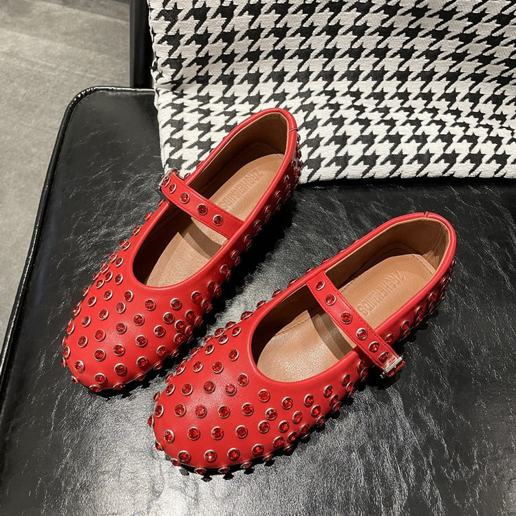 Women's Round-Toe Rhinestone Mary Jane Flats