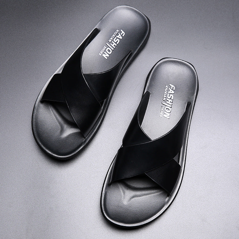 New Wholesale Leather Slippers For Men, Indoor And Outdoor Soft Leather Trendy Men's Sandals, Non-slip Slip-on Men's Beach Shoes