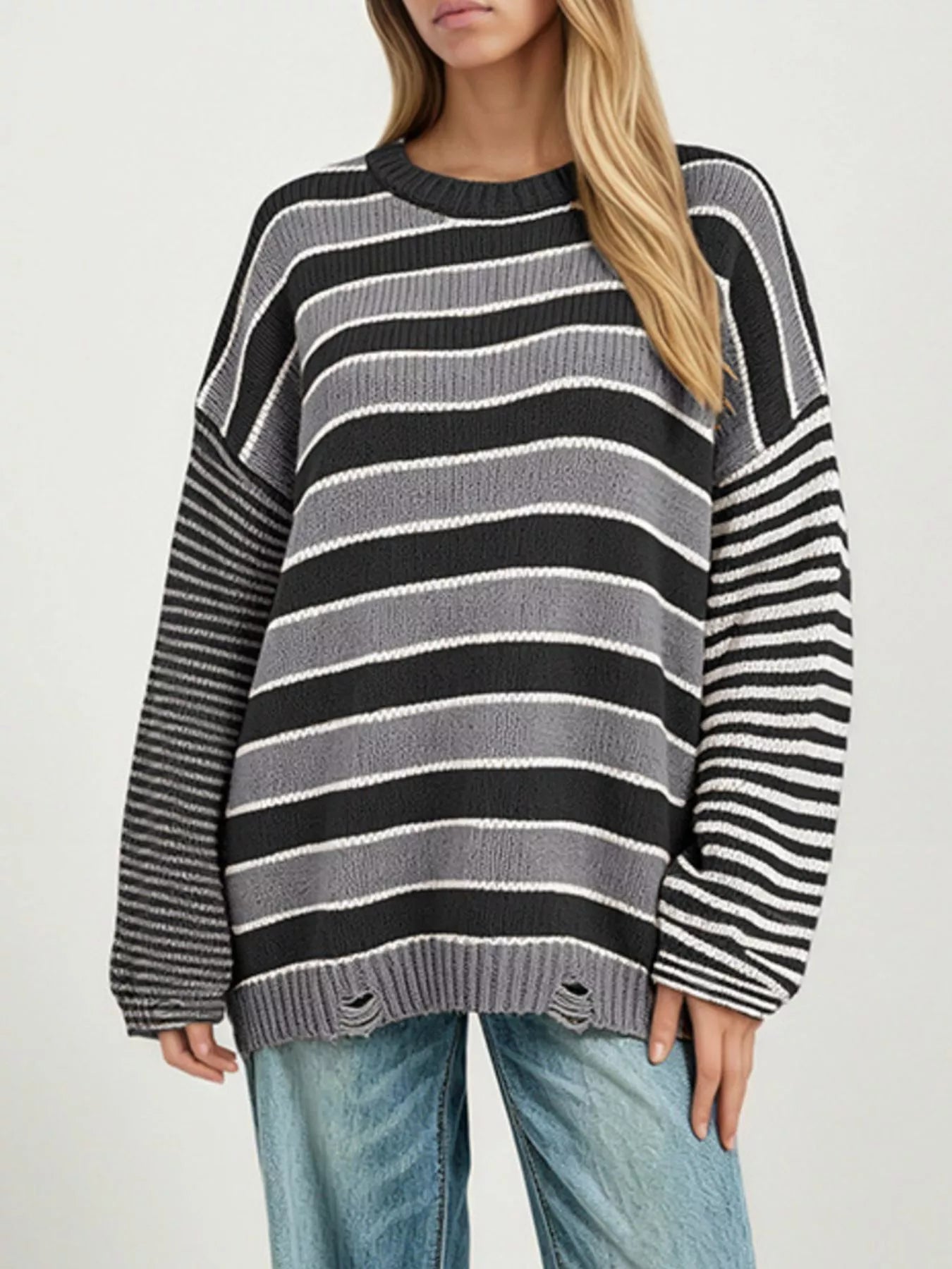 Oversized Striped Distressed Sweater