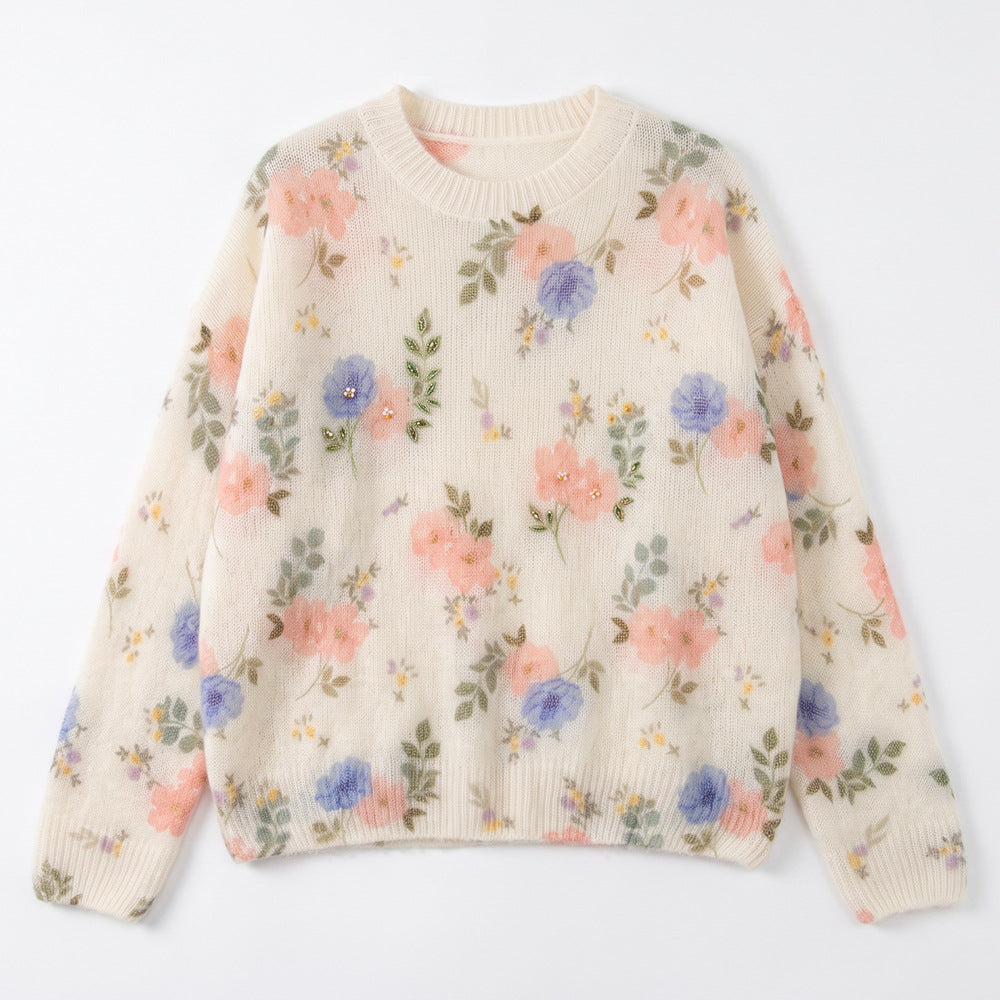 Rhinestone Embellished Floral Mohair-Blend Pullover Sweater
