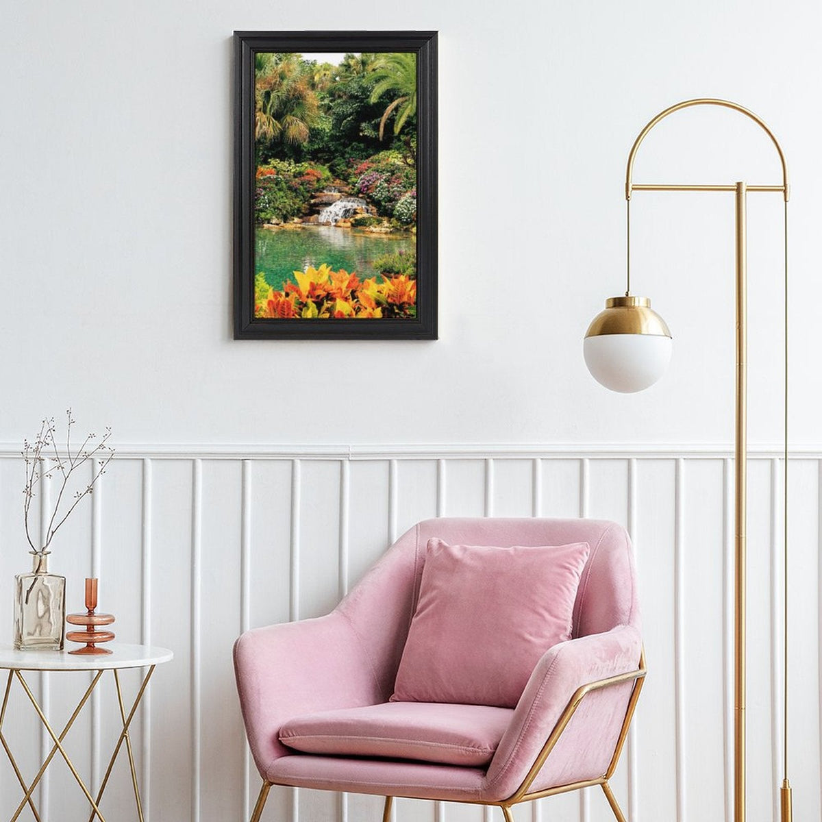 Serene Tropical Garden and Waterfall European Style Framed Art Print  - 16" × 24"