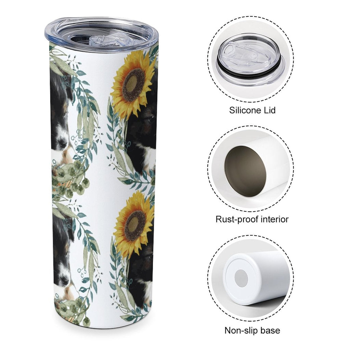 Cute Black Puppy with Sunflower 20oz Large Capacity Tumbler with Lid