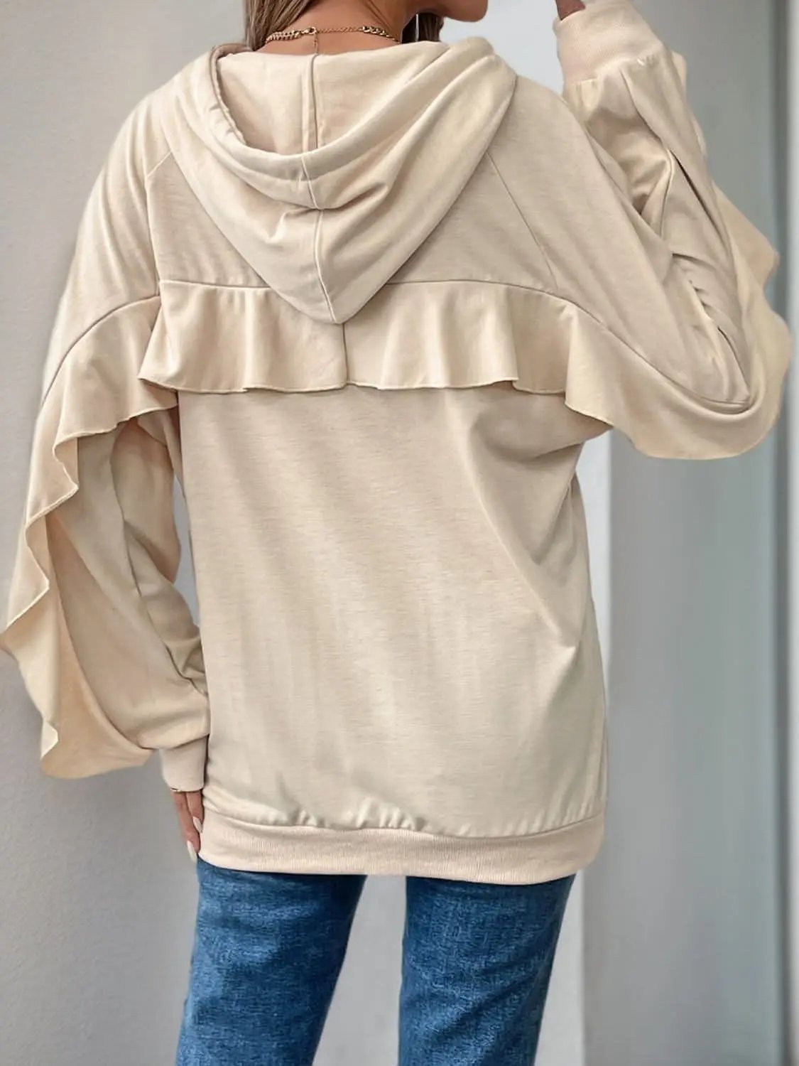 Jackets Trendsi Ruffled Hoodie Women's Casual Drawstring Long Sleeve Top Cozy Stylish