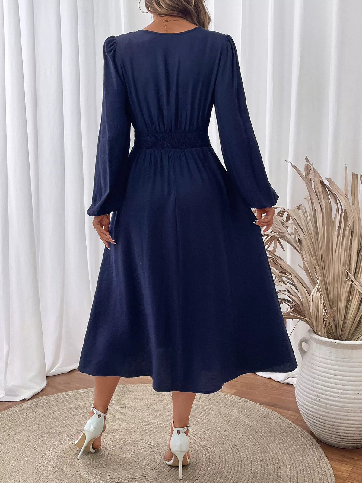 Embroidered Notched Long Sleeve Midi Dress
