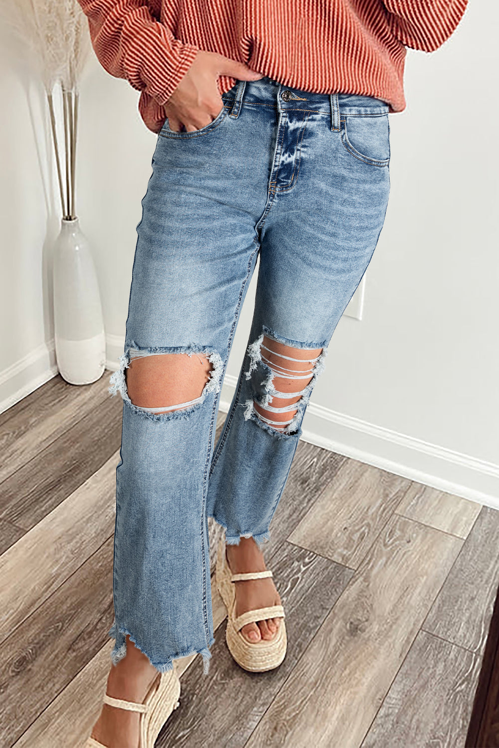 Pantalones Vaqueros Myosotis Ajustados y Acampanados con Dobladillo sin Rematar y Rodillas Rasgadas
