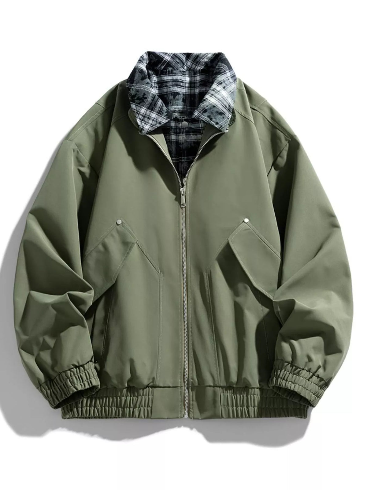 Men's Plus Size Plaid Collar Zip-Up Bomber Jacket