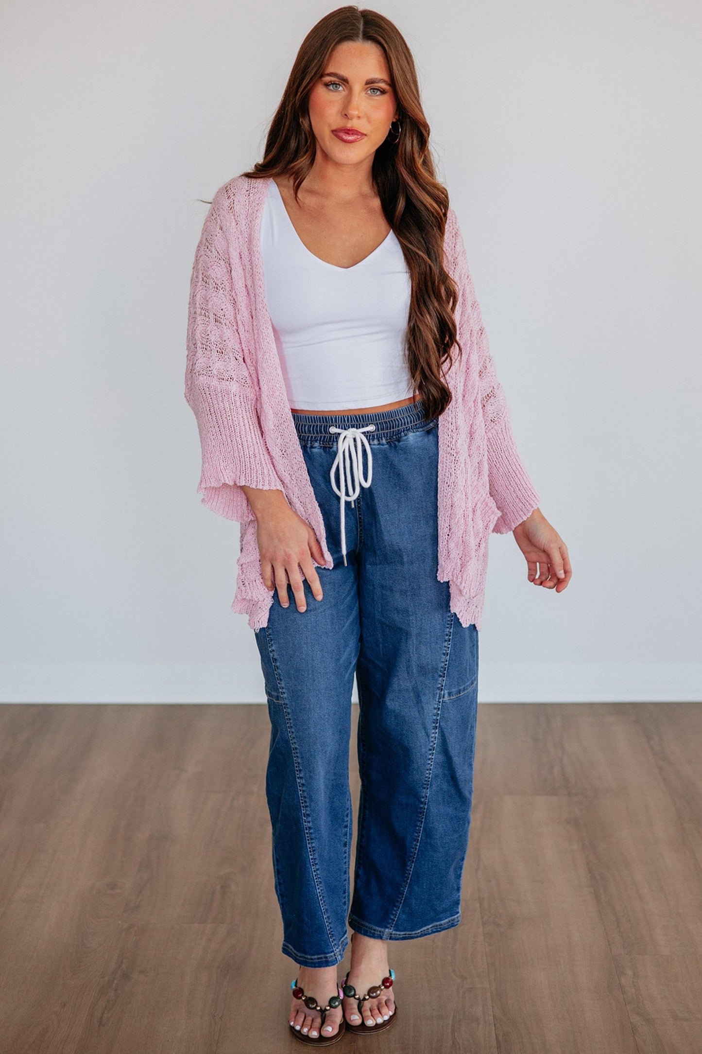 Old Rose Drop Shoulder Crochet Knit Open Front Cardigan
