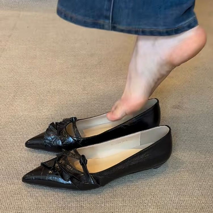 French Style Flats For Women, Pointed Toe Low Wedge Heel Elegant Versatile Bow Mary Jane Shoes