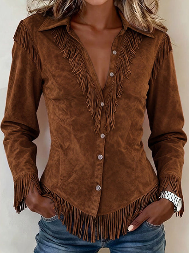 Women's Western Style Suede Fringed Slim Fit Long Sleeve Shirt