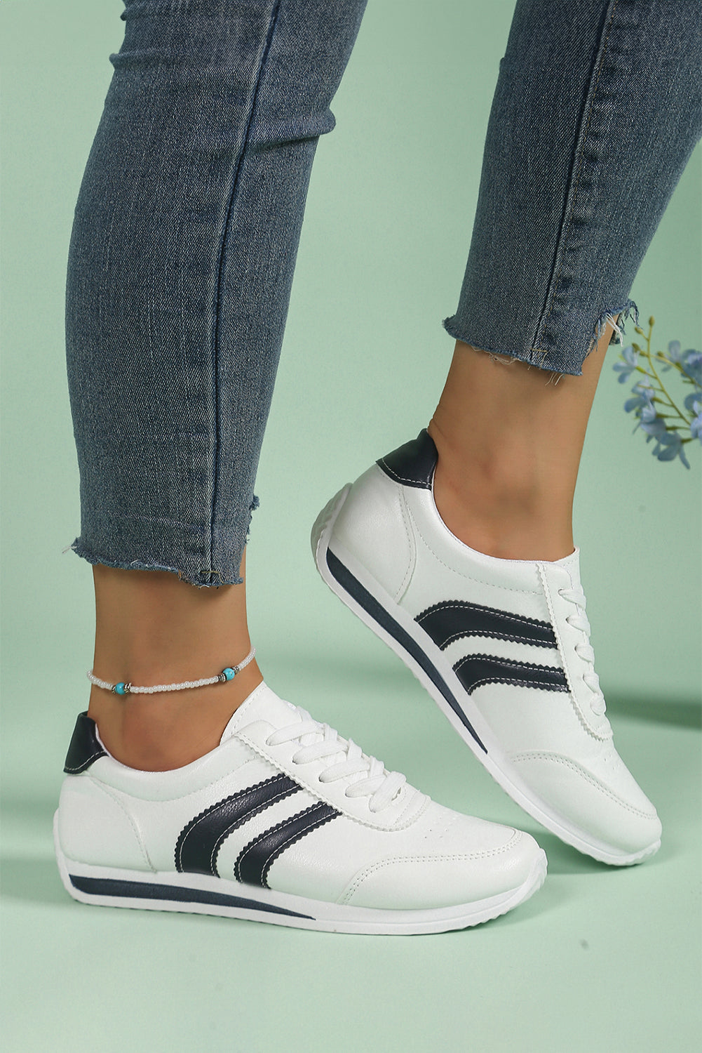 Zapatillas Deportivas Casuales de Cordones a Rayas de Cuero Sintético Blanco