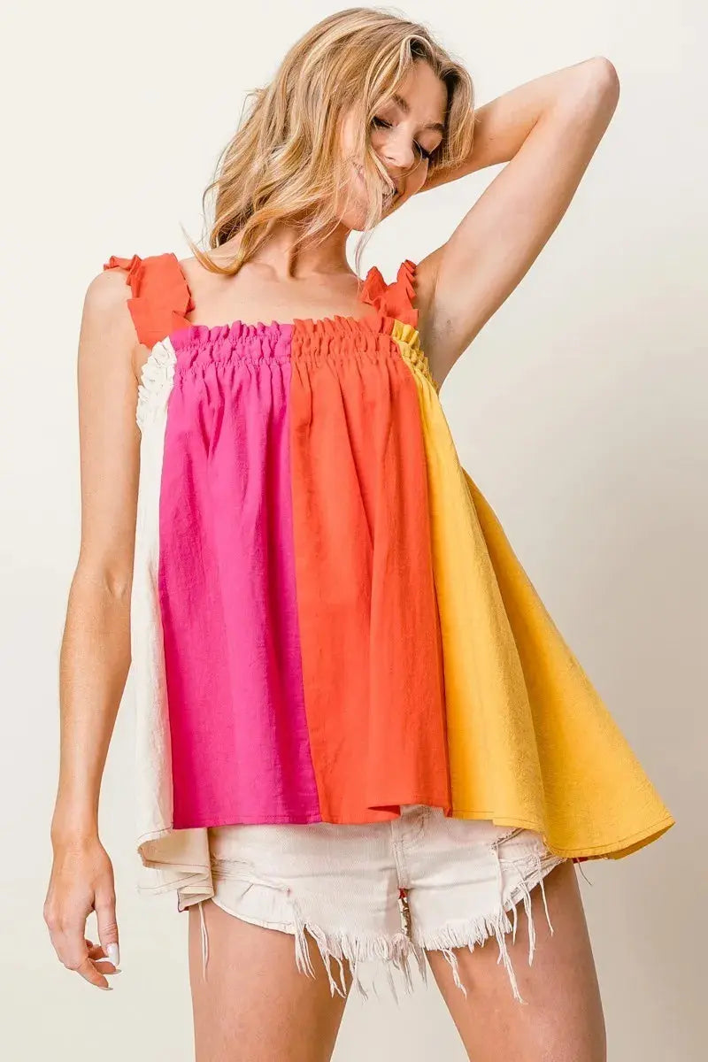 Tank Top - Color Block Frill Straps - Women's Casual