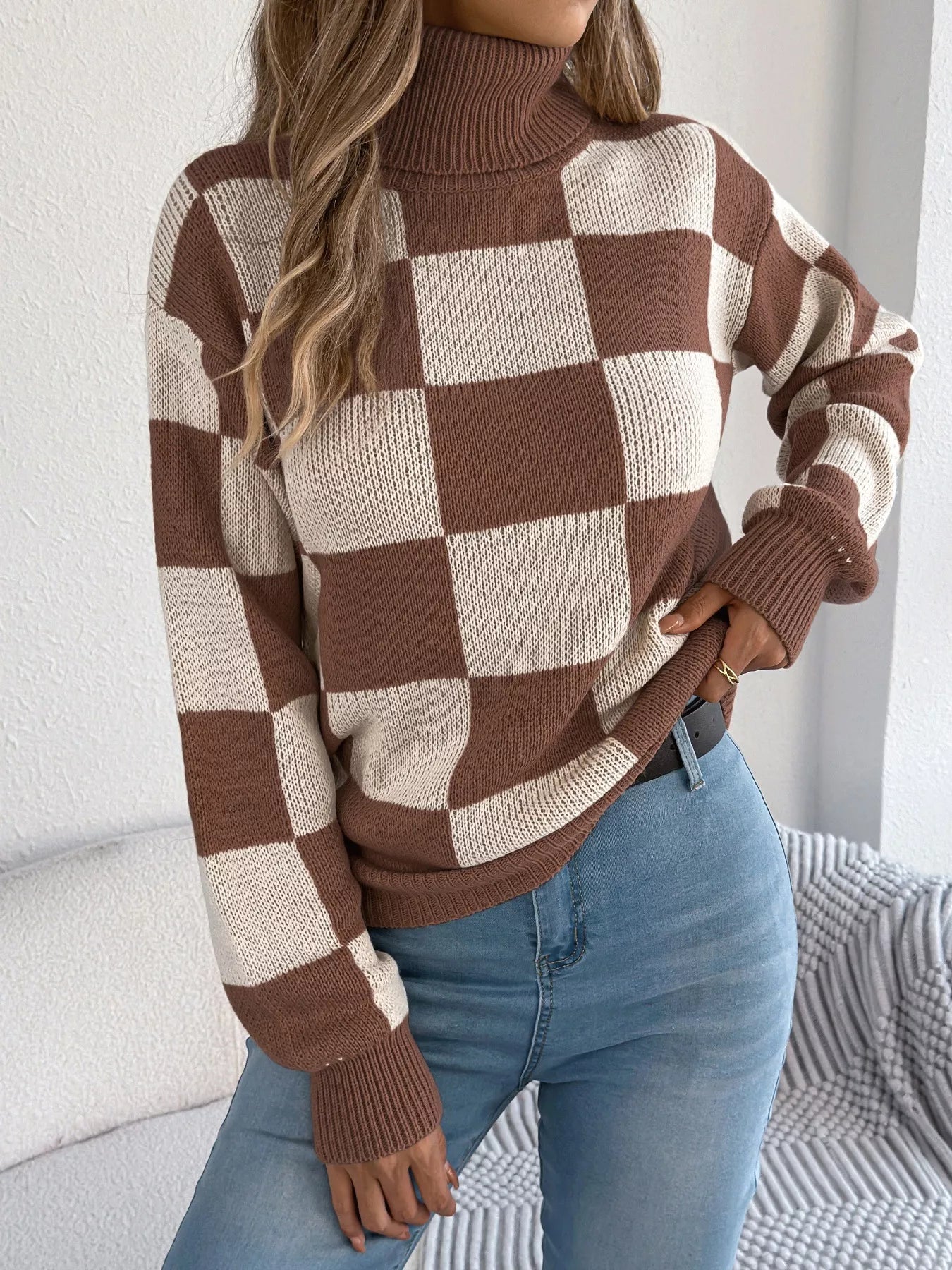 Checkered Turtleneck Long Sleeve Sweater