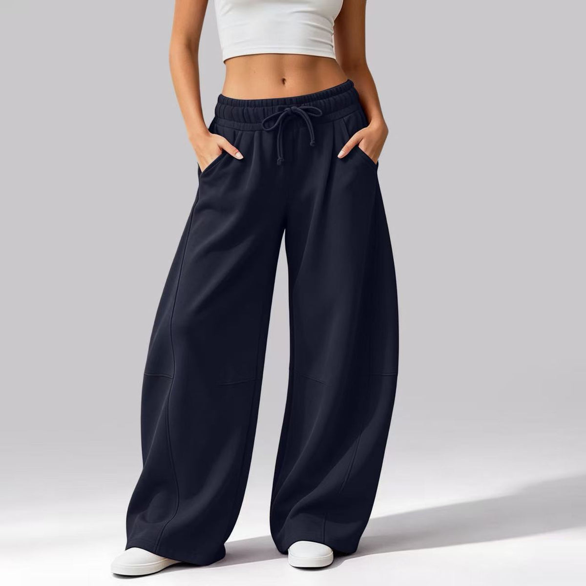 Women's Solid Color Casual Pocket Wide-Leg Pants, Fleece-Lined Drawstring Sweatpants