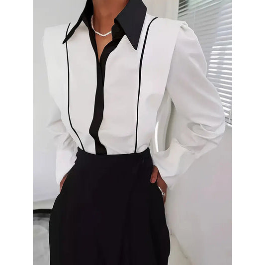Camisa con bloques de color blanco y negro para mujer