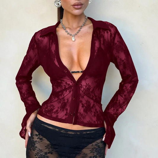 Cárdigan V estilo Hot Girl de encaje hueco de manga larga para mujer