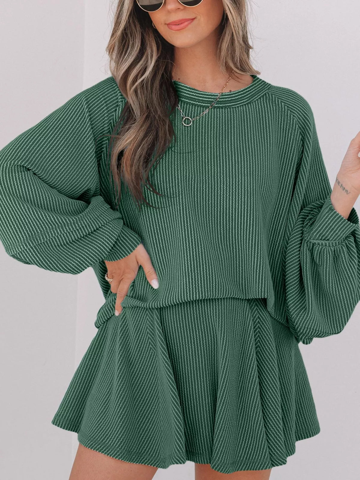 Corded Lantern Sleeve Top and High Waist Mini Skirt Set
