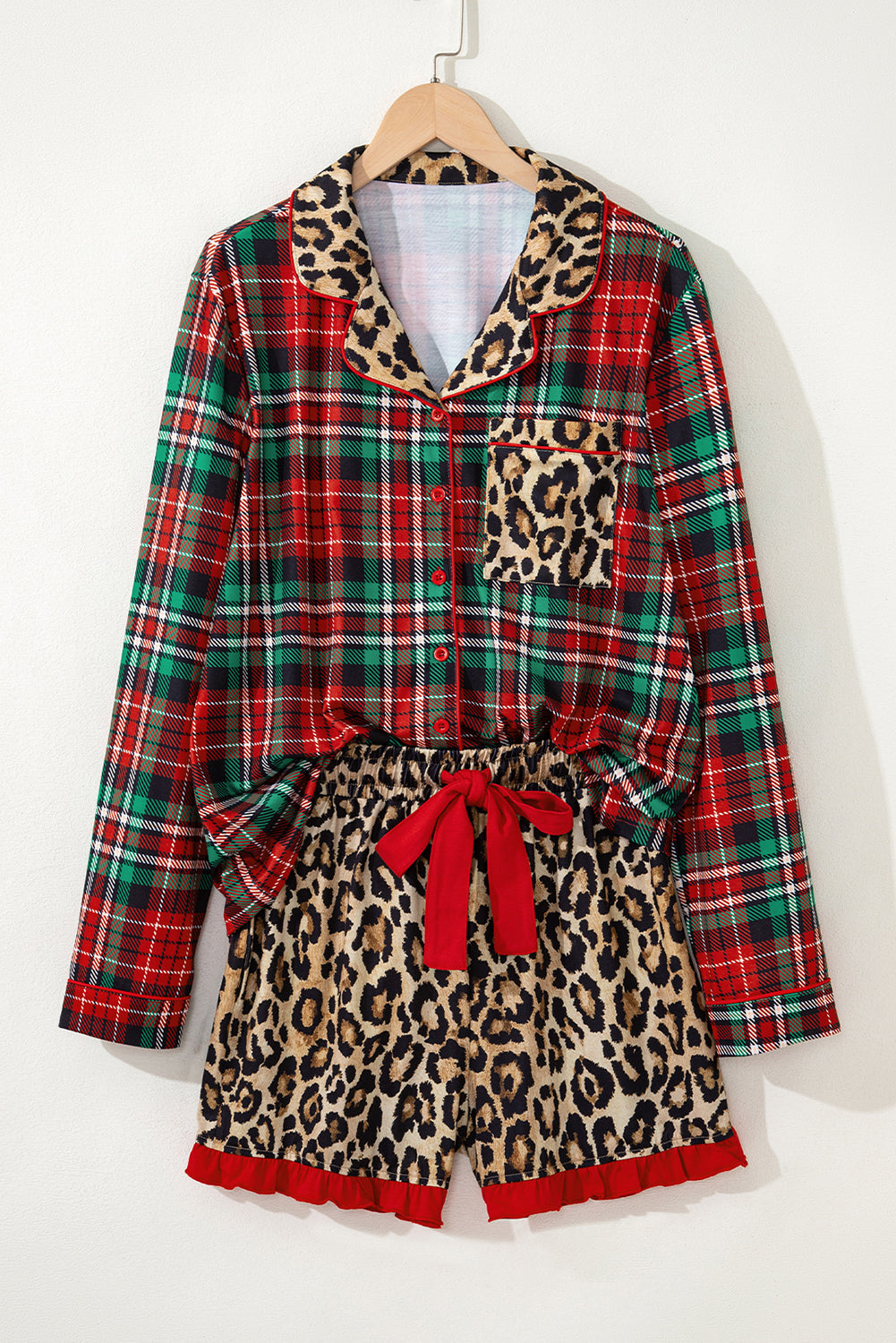 Conjunto de pijama de manga larga y pantalón corto con estampado de leopardo a cuadros retro en rojo de carreras y retales