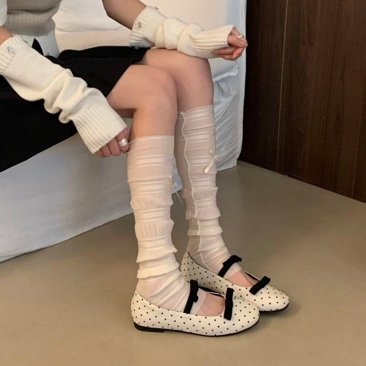 Women Vintage Polka Dot Double Bow Knot T Strap Mary Jane Flats, Soft Square Toe Non Slip Casual Daily Wear Sweet Ballet Shoes