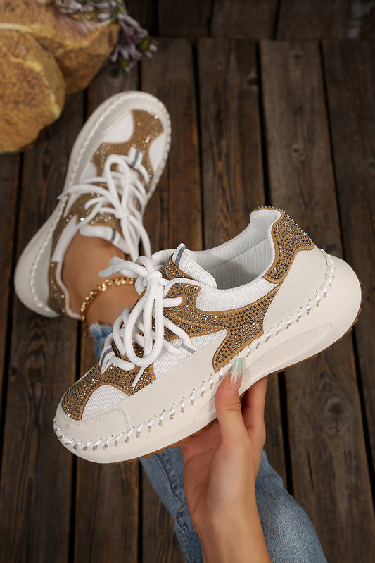 Zapatillas casual con plataforma de cuero sintético con pedrería blanca