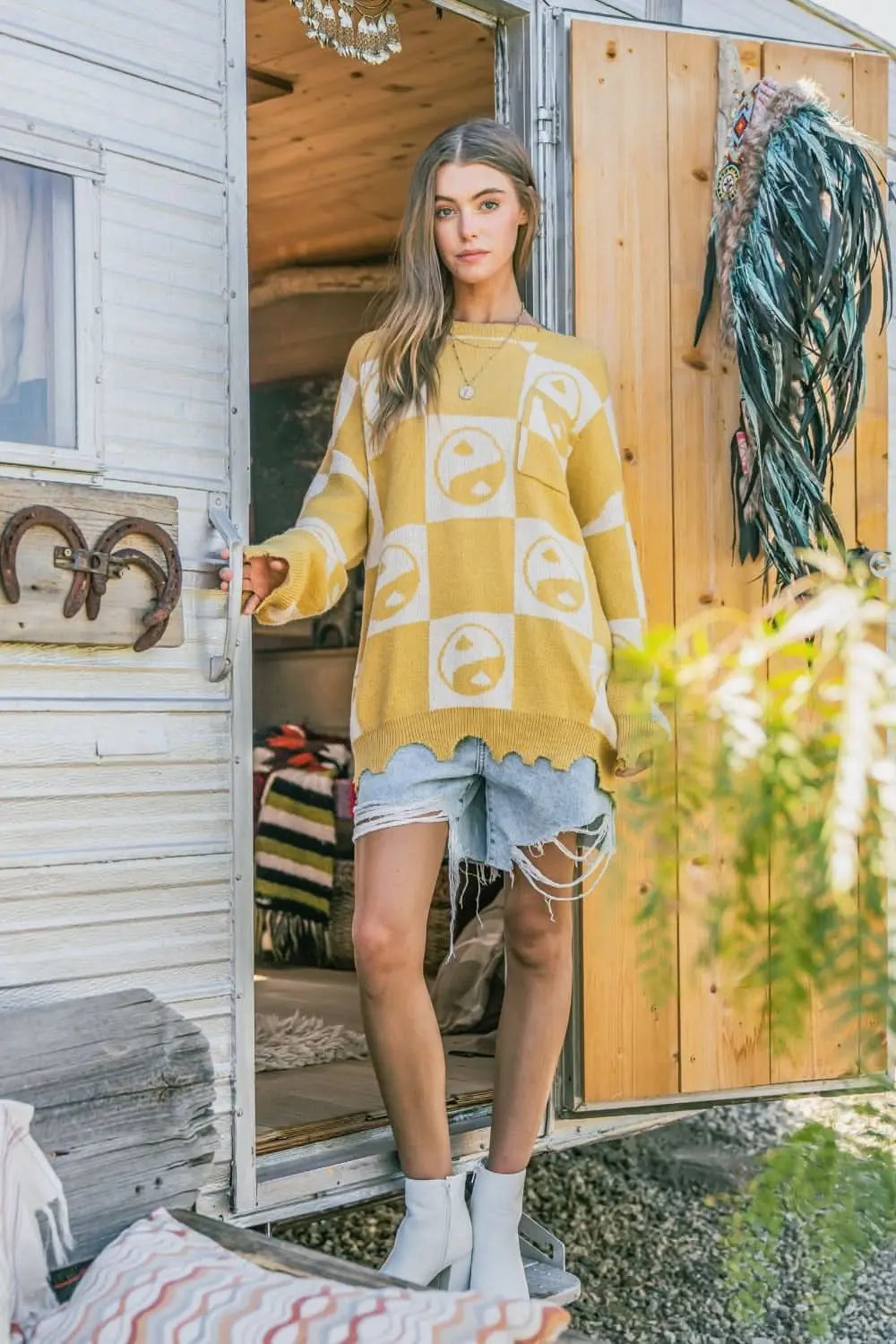Sweaters Trendsi Yin Yang Pullover Women's Cozy Knit Top - Checkerboard, Soft