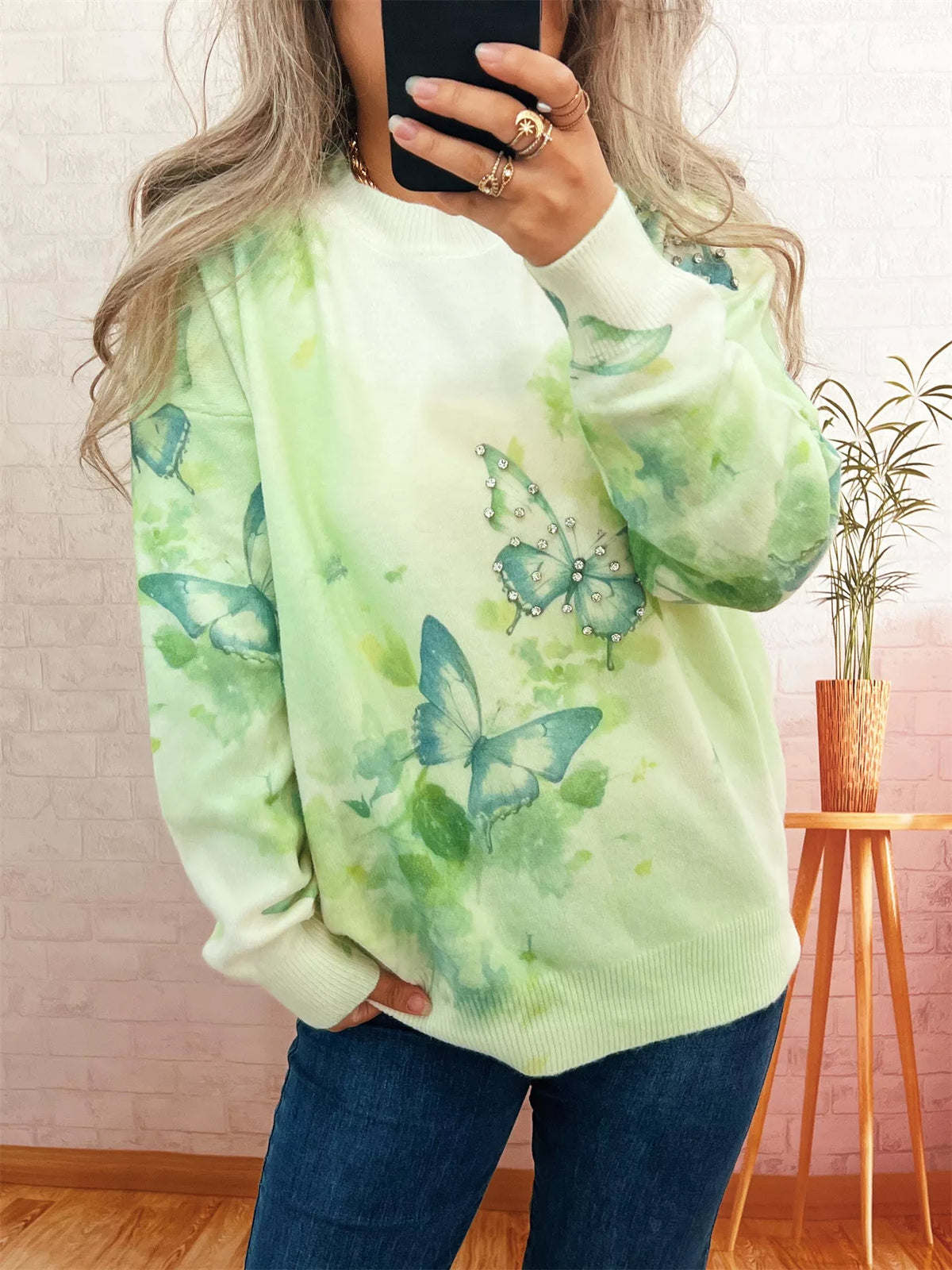 Butterfly Round Neck Lightweight Sweater