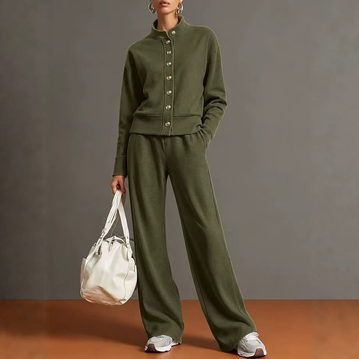 Women's Stand-Collar Button Cardigan & Wide-Leg Pants Set