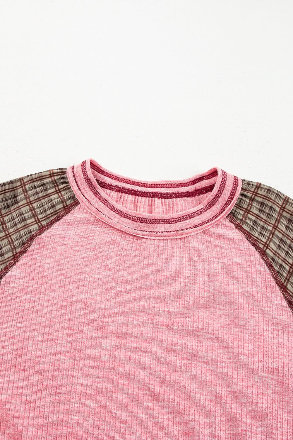 Sweaters Love Salve Fushia Patchwork Top Women's Casual Knit Top: Ribbed & Raglan