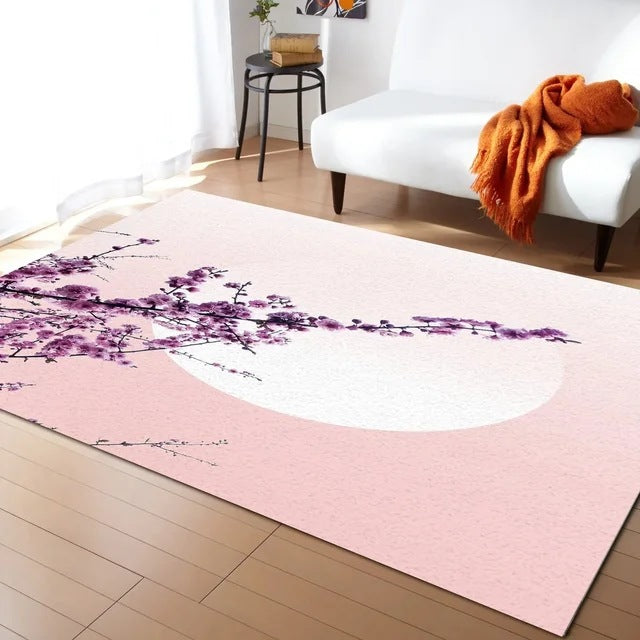 Pastel Cherry Blossom And Crescent Moon Non-Slip Flannel Floor Mat Home Rug Decoration