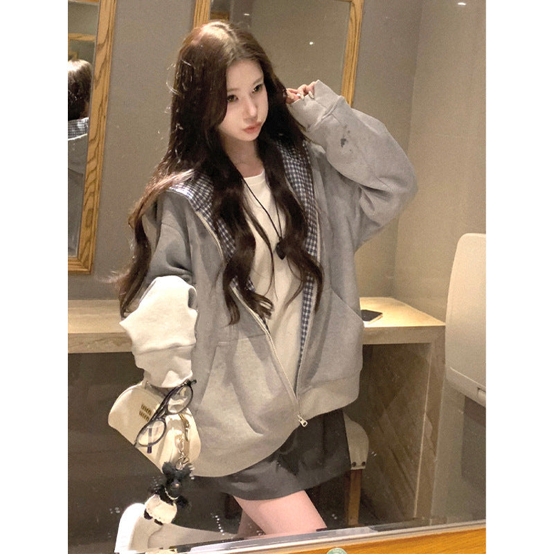 Plaid Loose-fit Cardigan Long-sleeve Zip-up Hoodie Jacket
