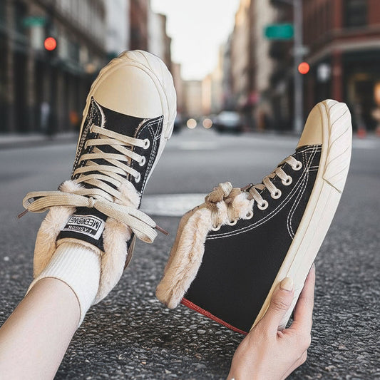 Women’s Warm Black Winter Thick Flat High-Top Velvet Canvas Shoes