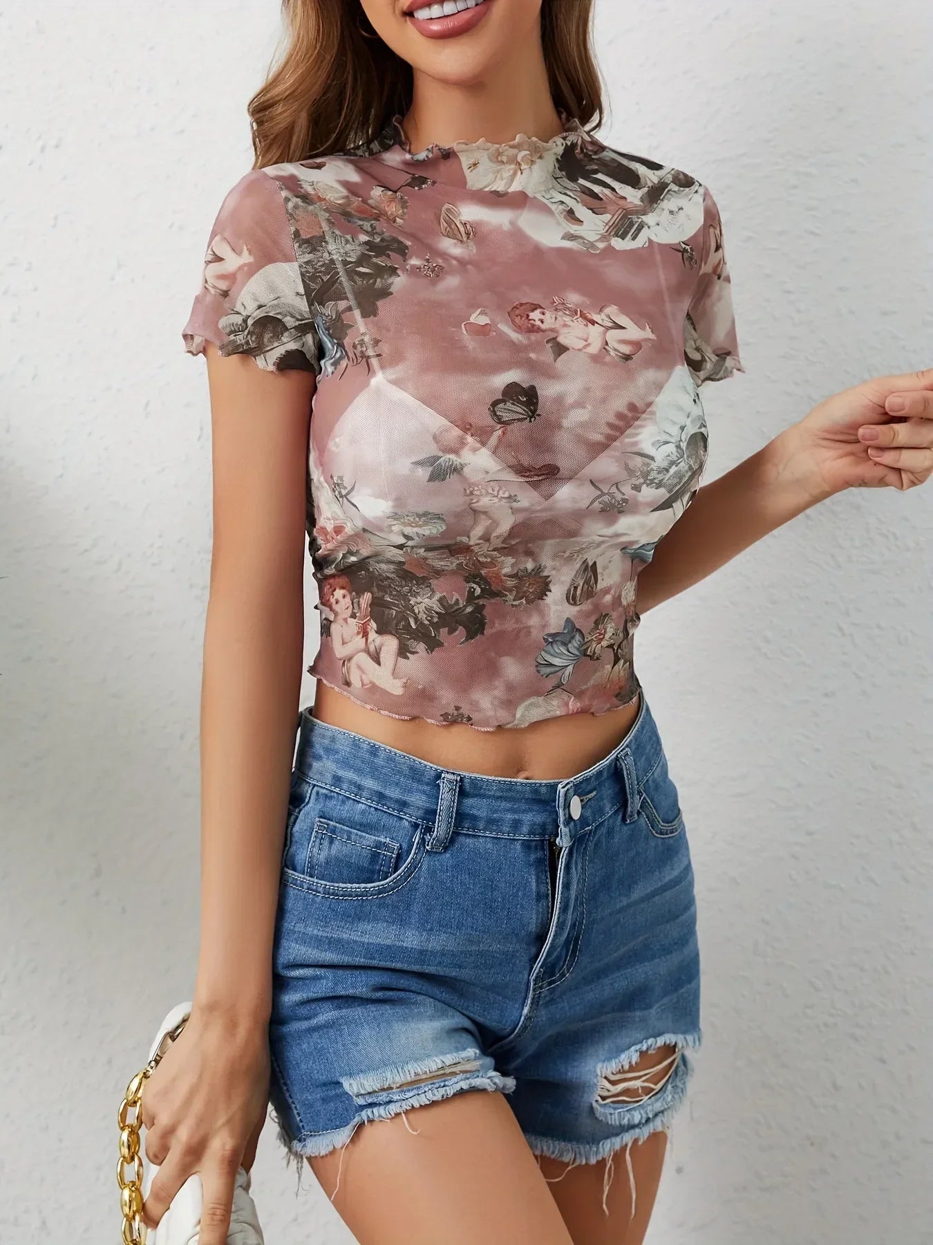 Abstract Print Ruffled Mock Neck Crop T-Shirt | Trendy Streetwear – Bona Fide Fashion