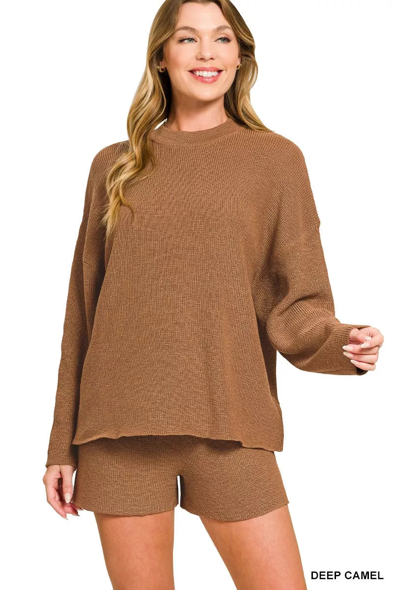 Zenana Round Neck Knit Top and Shorts Sweater Set in Camel