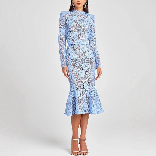 Vestido de encaje calado con cinturón, ajustado, adelgazante, transparente, manga larga y cola de pez