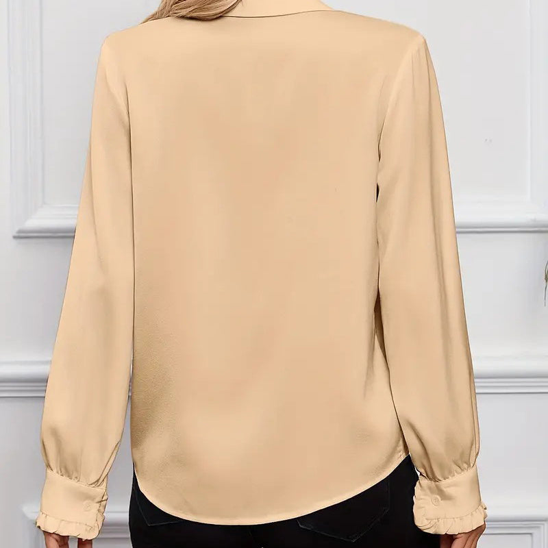 Blusa de mujer con cuello con volantes | Top de trabajo elegante de manga larga