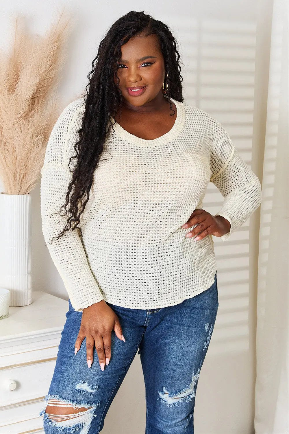 Trendsi Blusa escote redondo crema — Top elegante para el trabajo