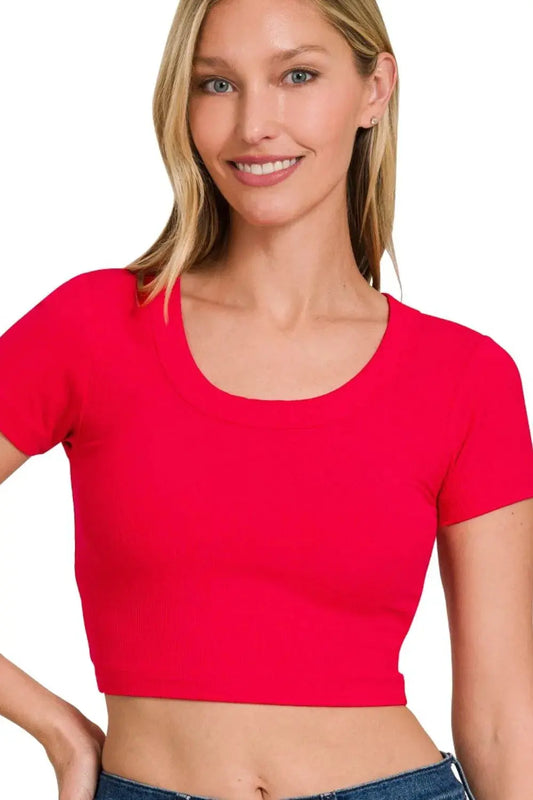 Top corto acanalado para mujer - Suave y elástico - Camiseta informal